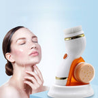 Woman using a facial cleansing device on a light blue background