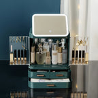 Cosmetic organizer with various items labeled, including Van Gogh green LED lamp.