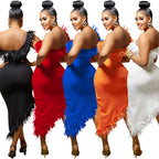 Five women wearing dresses in black, red, blue, orange, and white with feather details on a white background.