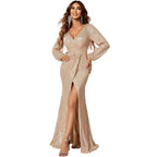 Woman in a sparkly gold evening gown with a white floral background