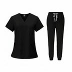 Navy blue medical uniform set with top and pants on a white background