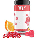 Vitamin B12 gummy supplement with pomegranate and citrus flavor on a white background