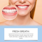 Close-up of a smiling person with a focus on their teeth, accompanied by text about fresh breath.