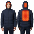 Navy blue heated jacket with glowing red heating elements on a white background