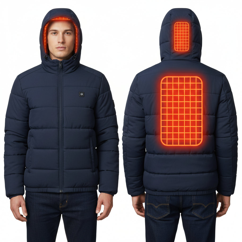 Navy blue heated jacket with glowing red heating elements on a white background