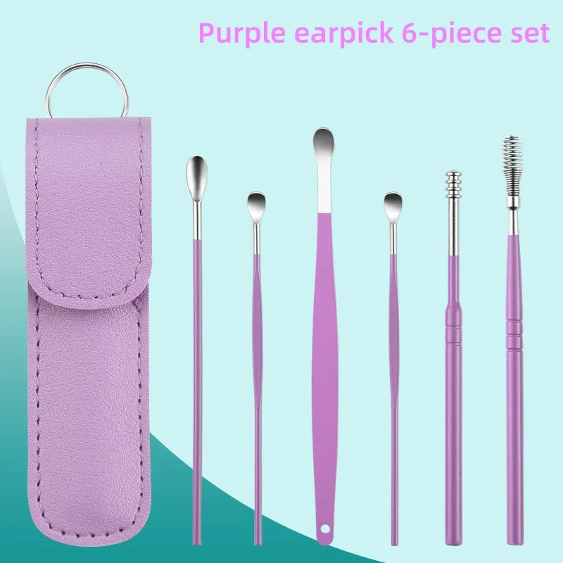 New 6Pcs/set Ear Cleaner Wax Pickers Earpick Wax Remover Curette Ear Pick Cleaner Kit Spoon Care Ear Clean Tools Stainless Steel