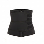 Black waist trainer with uses for postpartum recovery, wedding dress, sedentary lifestyle, body shaping, and sports.