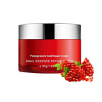 Red jar of pomegranate snail repair cream with pomegranate graphics on a white background
