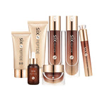 A Shopify product edit screen displaying product information, specifications, and a size breakdown table for the Hexapeptide Smaller Brown Bottle skincare collection.