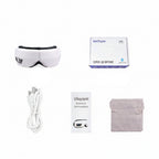Eyemassage device with packaging, USB cable, and storage bag on a white background