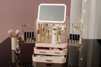 Makeup organizer with various cosmetic items and a LED vanity mirror, labeled with product names.