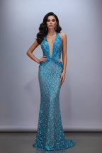 Blue sequin dress on a mannequin against a gray background