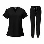 Navy blue medical uniform set with top and pants on a white background