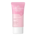 A pink tube of Japan Sakura Peeling Gel with its clear gel texture squeezed out next to its cap.
