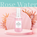 Spray bottle labeled 'Rose Water' on a pink platform with decorative leaves and 'Rose Water' text.
