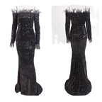 Black sequin off-shoulder gown on a white background