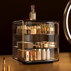 Cosmetic organizer with products inside, showing dimensions and partition details.