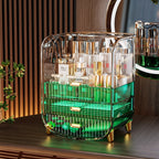 Green acrylic cosmetic organizer with skincare products on a wooden surface.