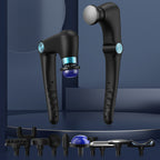 Black massage gun with attachments on a blue background