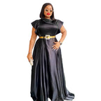 Model wearing Elegant Black High-Waist Evening Gown with Rhinestone Neckline