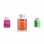 Three supplement bottles labeled 'Beetroot', 'Ashwagandha', and 'Morinda' on a white background.