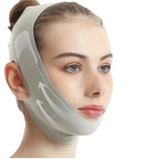 Woman wearing a face lifting device with inset images showing different angles.