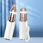 White and rose gold grooming tool with features listed on a blue background