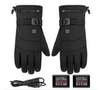 Pair of black heated gloves with battery pack and cable on a white background
