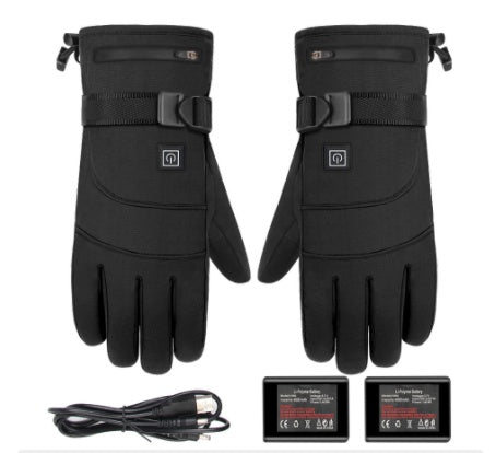 Pair of black heated gloves with battery pack and cable on a white background