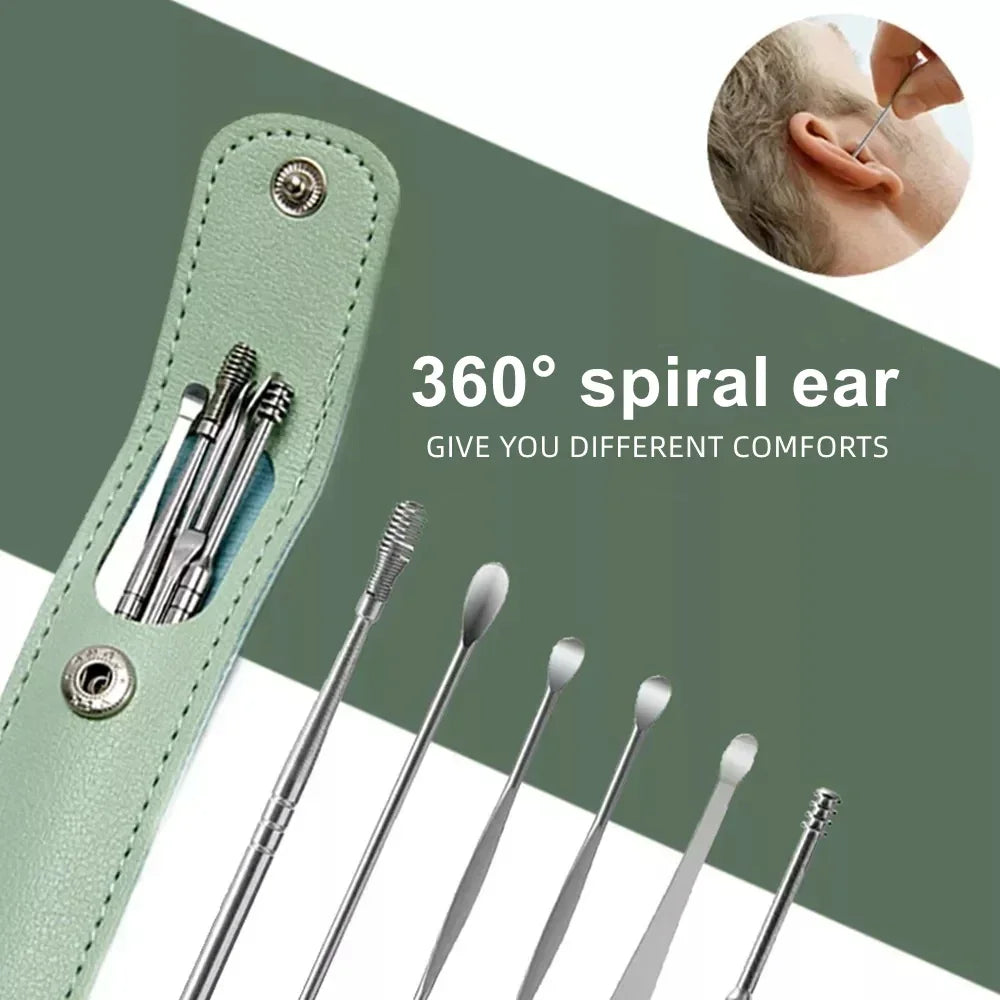 6Pcs Earwax Removal Tool Set – Stainless Steel Spiral Earpick & Ear Curette Cleaner Kit