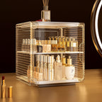 Cosmetic organizer with skincare products and dimensions labeled