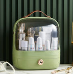 Green cosmetic bag with skincare products on a green background