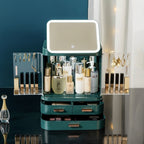 A Shopify product edit screen displaying product information, color options, and packing list for the Mirror Integrated Light Desktop Large Capacity Cosmetics Storage Box.