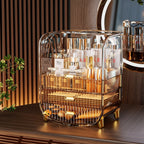 Cosmetic organizer with skincare products on a wooden surface, featuring dimensions.