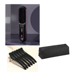 Packaging of a hair straightening brush with three combs and a black case on a white background.