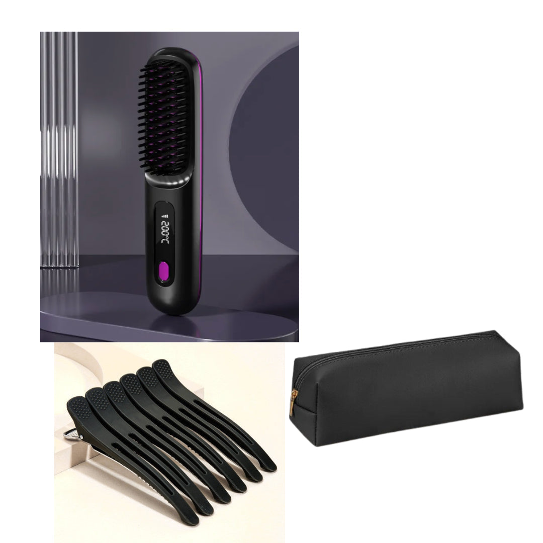 Packaging of a hair straightening brush with three combs and a black case on a white background.