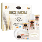 A deluxe white display box featuring the Aichun Beauty Rice Facial Skincare Series 5-piece collection alongside raw rice grains.