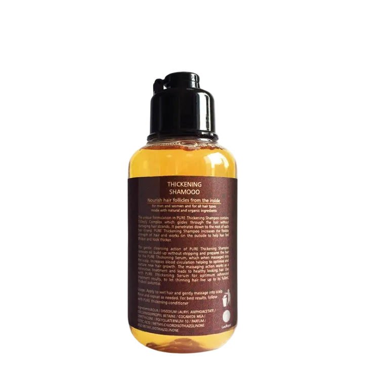 Bottle of thickening shampoo with yellow label on a white background