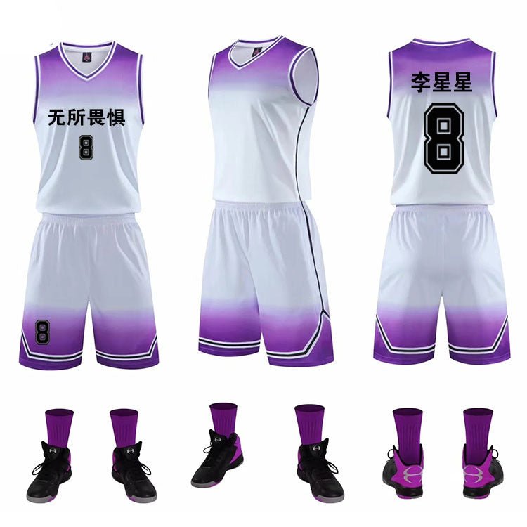 Gradient Basketball Uniform Sweat Absorbent Sports Suit Polyester Blend For Children And Adults Red Blue Purple White - Muliva