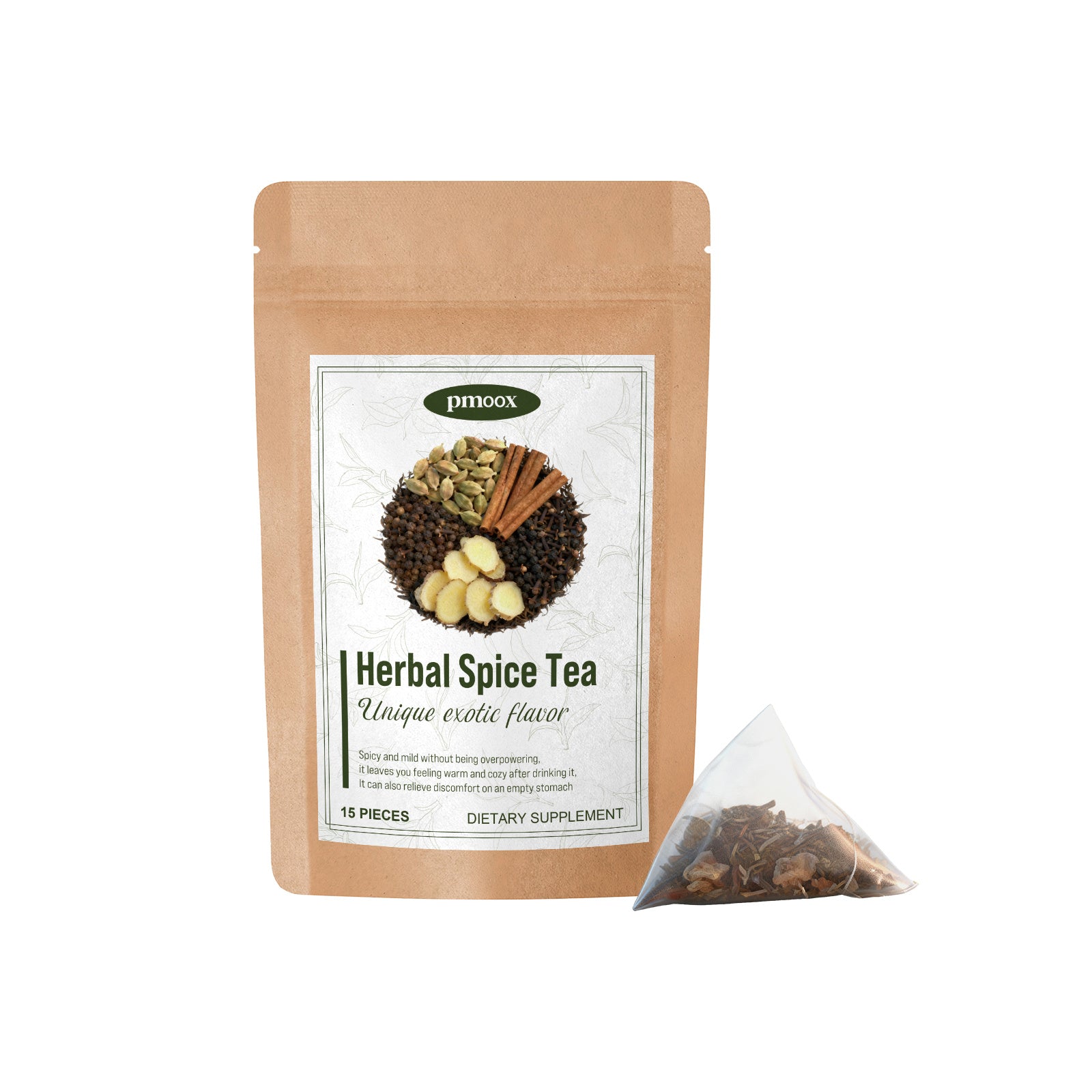 Herbal Spice Tea package with a clear bag showing tea leaves on a white background