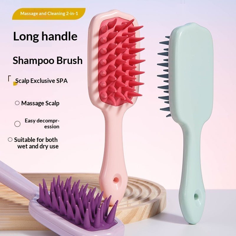 Long Handle Silicone Head Massage Comb For Scalp Relaxation With ABS Body And TPE Bristles In Multiple Colors - Muliva