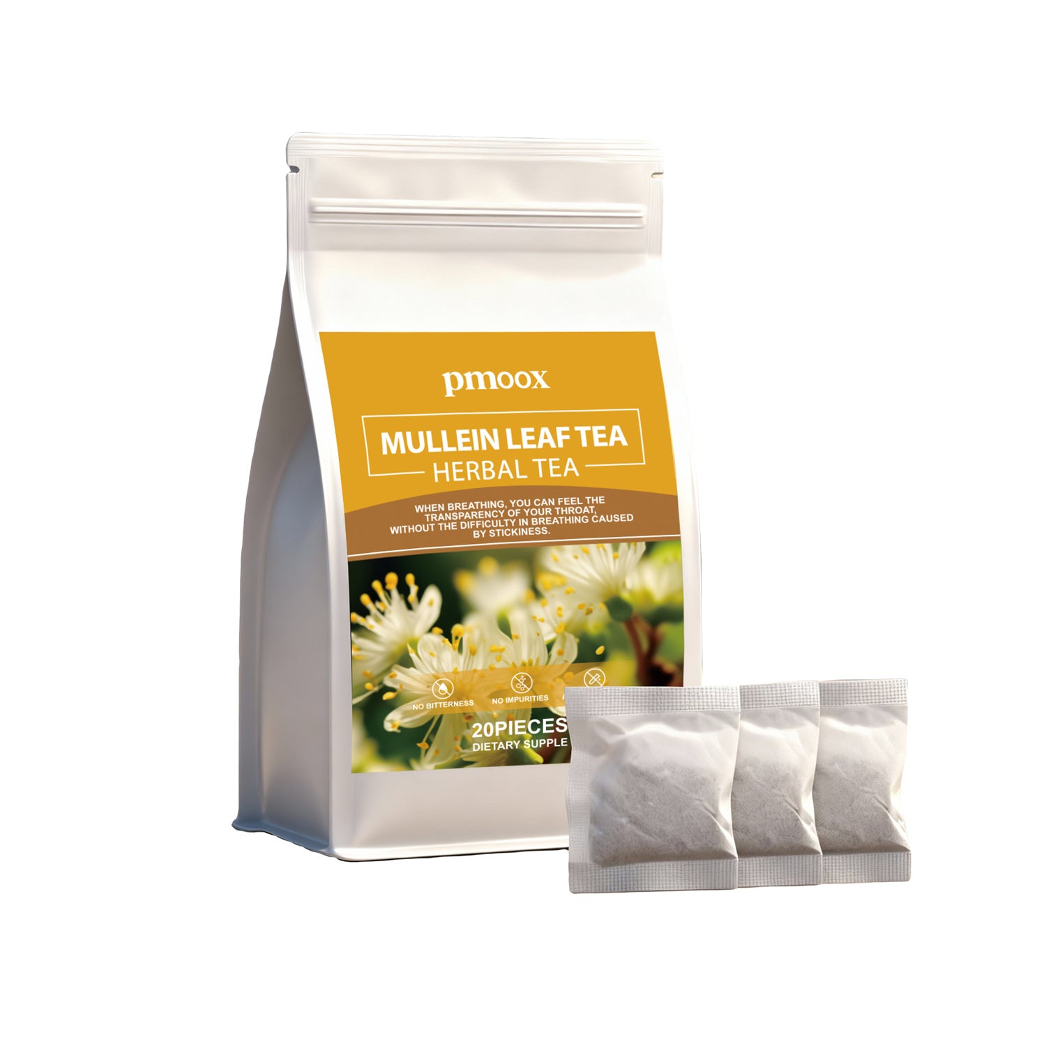 Pmoox Mullein Leaf Tea package with tea bags on a white background