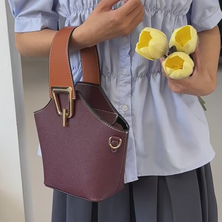 Women's Solid Bucket Shoulder Handbag Versatile Crossbody 9-inch