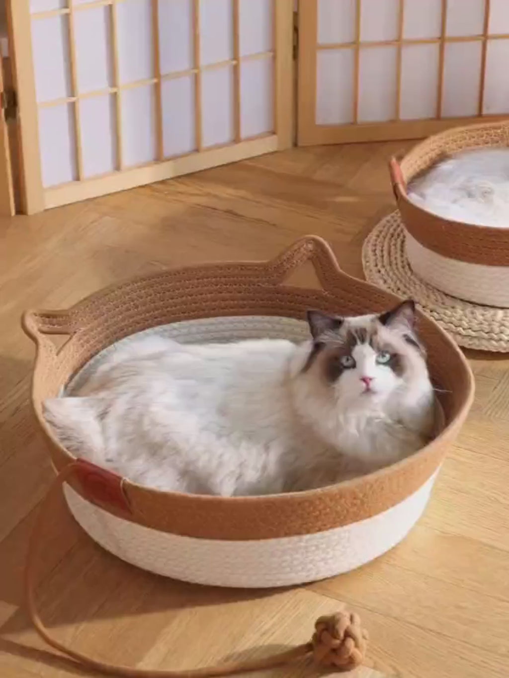 Handwoven Rattan Round Cat Bed Cooling Summer Basket with Cushion