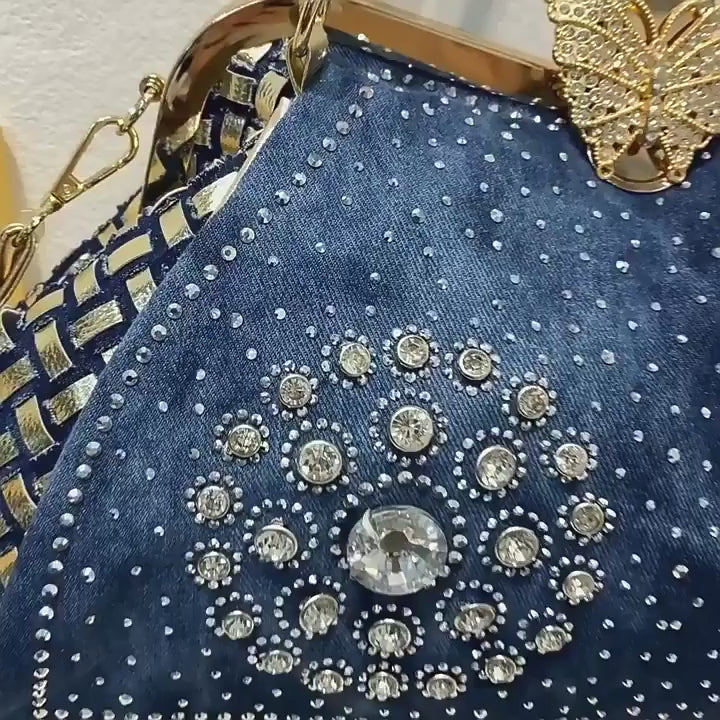 Denim Rhinestone Clutch Bag with Butterfly Decoration for Women