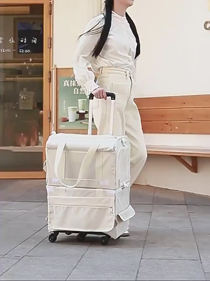 Foldable Double-Layer Pet Carrier with Wheels Breathable Travel Trolley for Two Cats