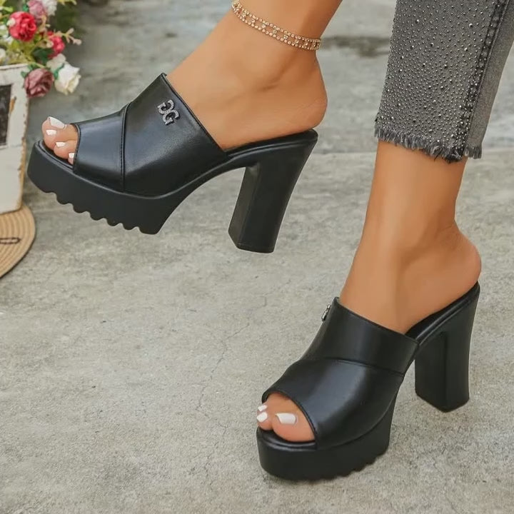 Women's Peep Toe Platform High Heel Slippers Square Black