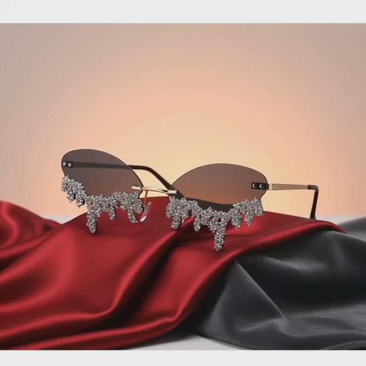 Rhinestone Rimless Sunglasses Women's Tear Drop Party Eyewear