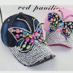 Women's Rhinestone Butterfly Denim Baseball Cap Adjustable Snapback