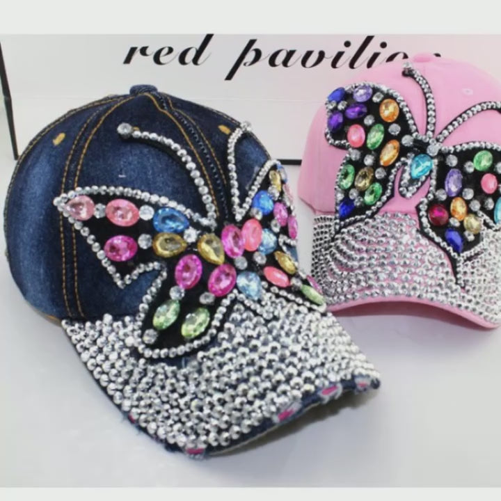 Women's Rhinestone Butterfly Denim Baseball Cap Adjustable Snapback